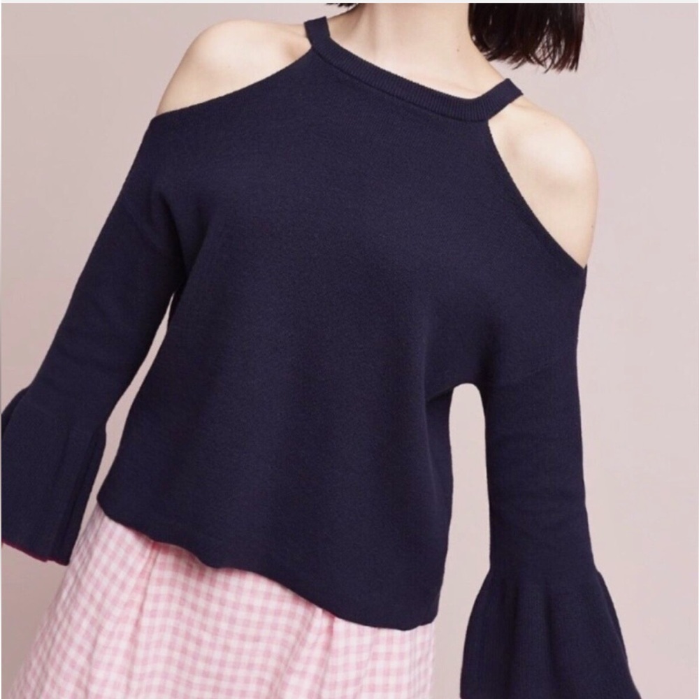 Anthropologie-Knitted & Knotted-Cold Shoulder Sweater w/Tip Bell Sleeve, Navy, L